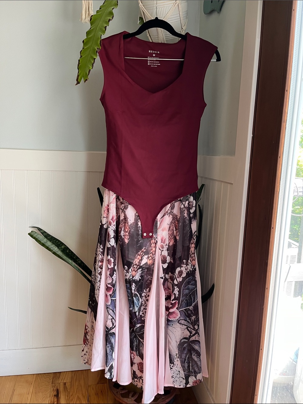 Burgundy & Floral Panel Midi Romantic Skirt Set